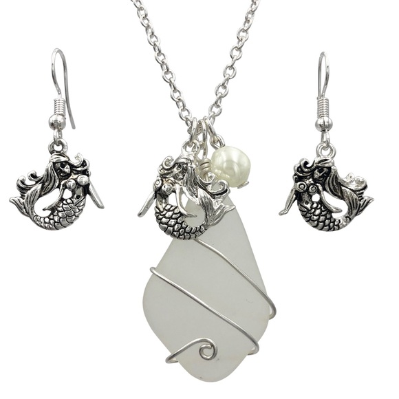 Mermaid Charm Faux Sea Glass Necklace Earrings Set - Picture 1 of 3